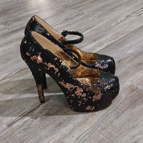 Bordello black gold shifting sequin stiletto 6" heels Sz 7 NWOT - Picture 5 of 10